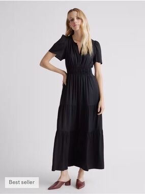 Quince Size Small Washable Silk tiered stretch maxi dress, flowy, short sleeve